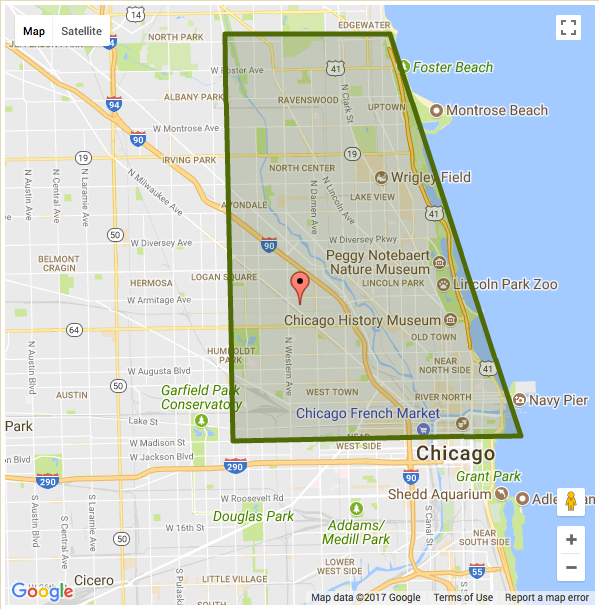 Map of Chicago, highlighting an area that includes neighborhoods served by Chicago Dog Walkers